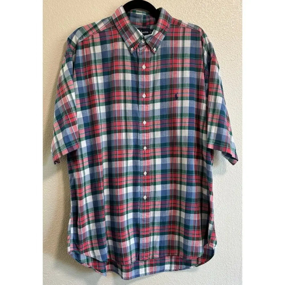Ralph Lauren Button Down Shirt Blake Red Blue Plaid Mens Size XL Short Sleeve - Picture 2 of 4